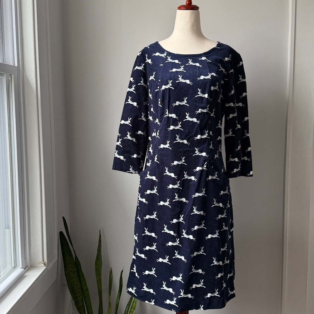 Boden Navy Rabbit-Print Dress 8L Corduroy Woodland Hare with Front Pockets